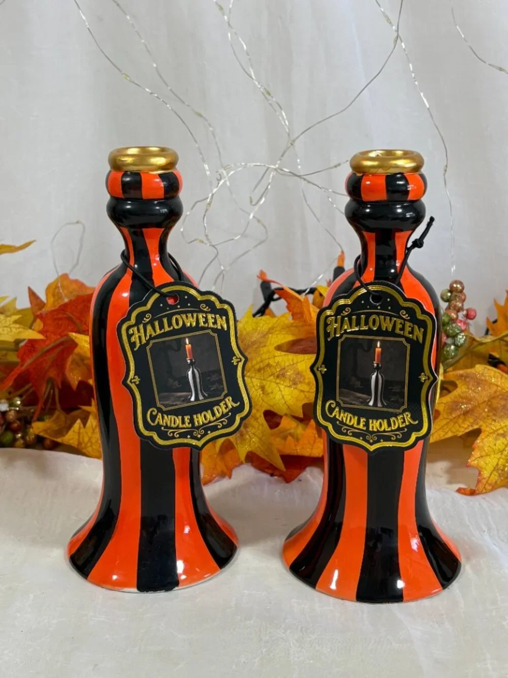 Black Orange Stripe Ceramic Mackenzie Style Halloween Candle Holders Pair Set 2